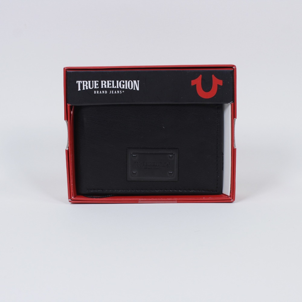 True Religion Men's Black Leather Bifold Wallet Matte Black Logo Plate Rfid Nib